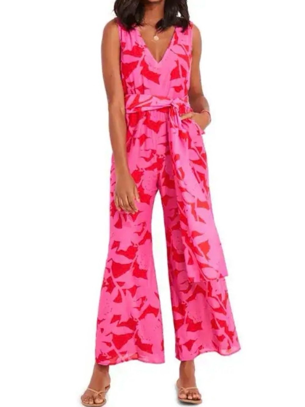 Vineyard Vines Tropical print Wide leg Jumpsuit Pink Red (Cuckoo) Womens 4
